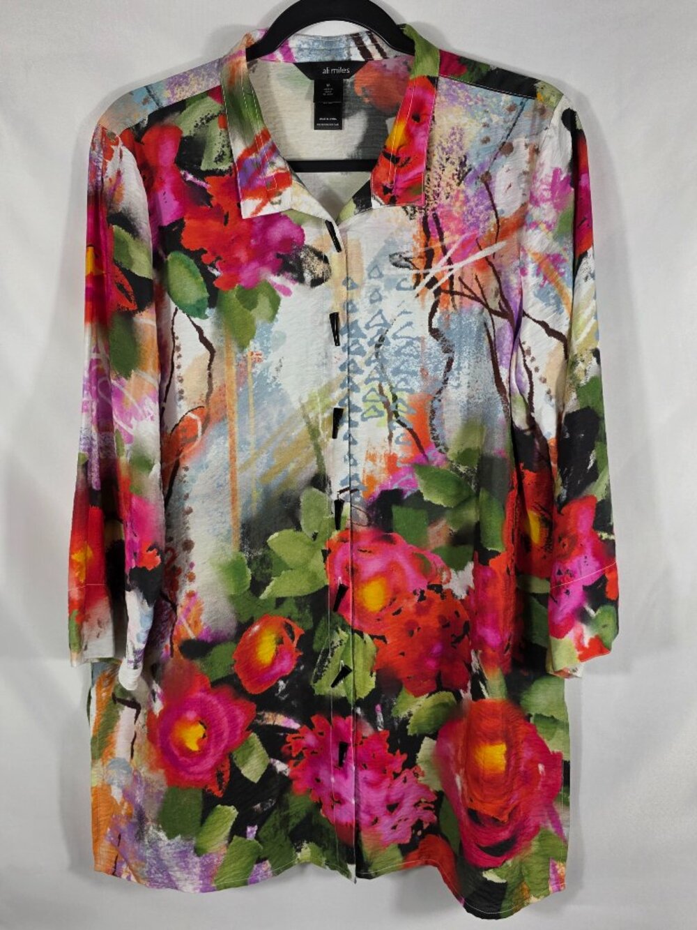 Ali Miles Tunic Blouse Women's Size Medium Bright Orange & Pink Floral Design